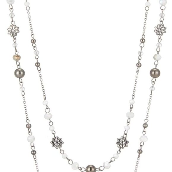 Jewelry - Layered Silver Beaded Necklace with Crystals and Pearls Vintage Gift for Women